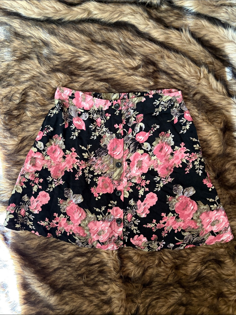 Lily White - Black Floral Skirt with Pink and Green Accents Size Small